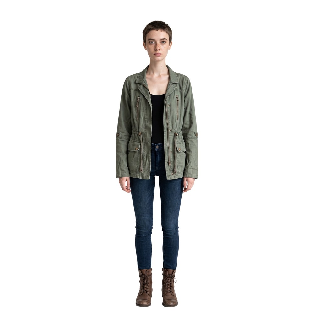 Women's Olive Green Utility Jacket Cinch Waist Snap Pockets Size Med